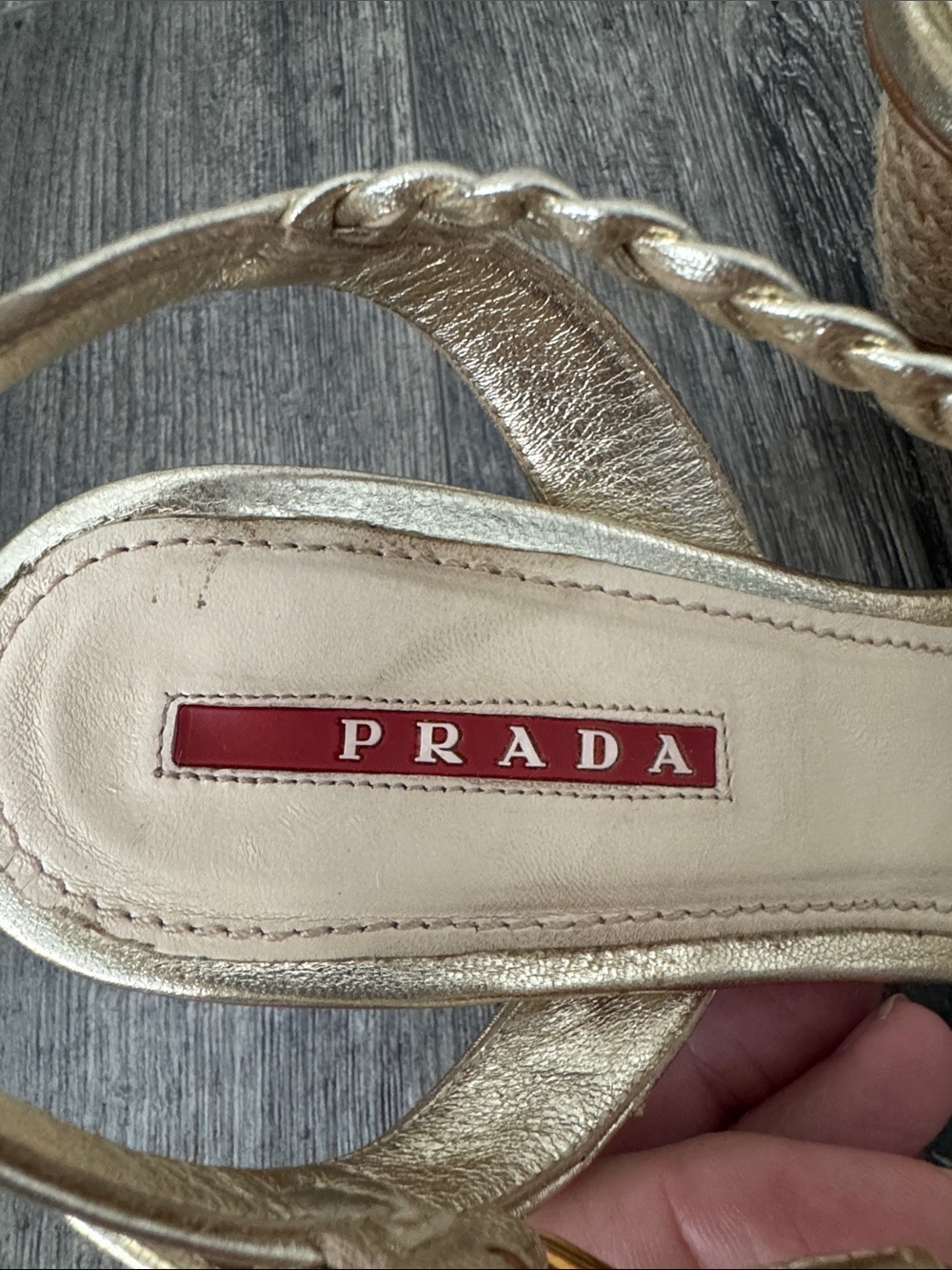 Prada Gold Braided Leather Wedge Espadrille Sandals Size 36/US 6 COA includes - Picture 4 of 11